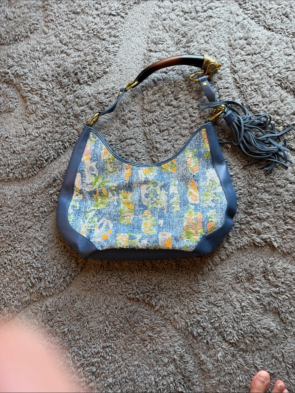 Sharif Legacy 3D Sculpted Horn Handle Sequin Leather Trimmed Hobo bag